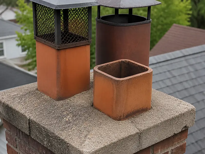 Close-up of a concrete chimney crown with clay flue tiles and rain caps, Bernardsville, NJ