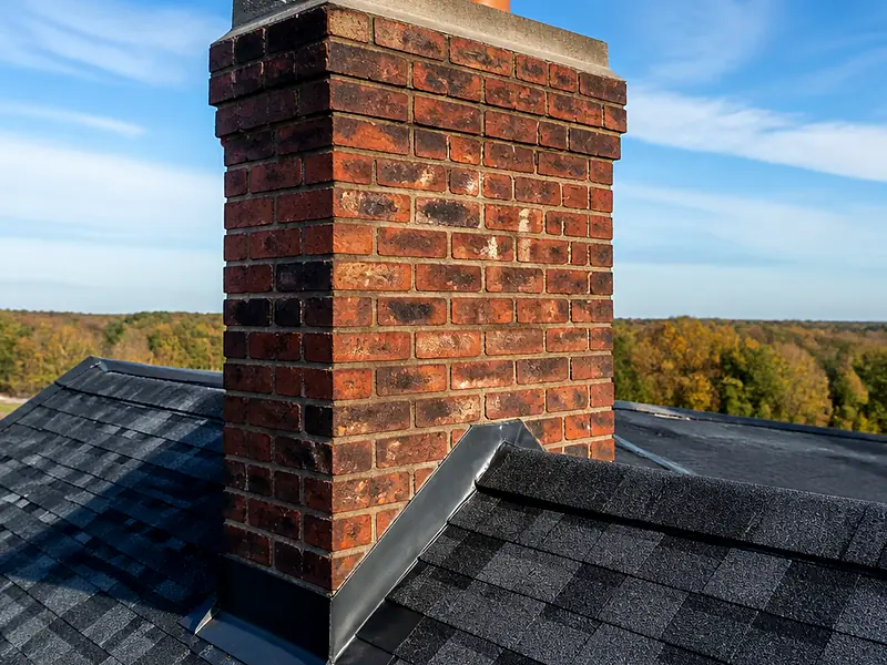 Brick chimney with two capped clay flue pots and metal roof flashing, Bernardsville, NJ