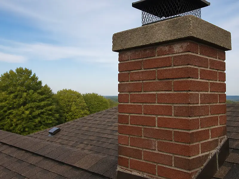 Red brick chimney with a concrete crown and black mesh chimney cap, Bernardsville, NJ